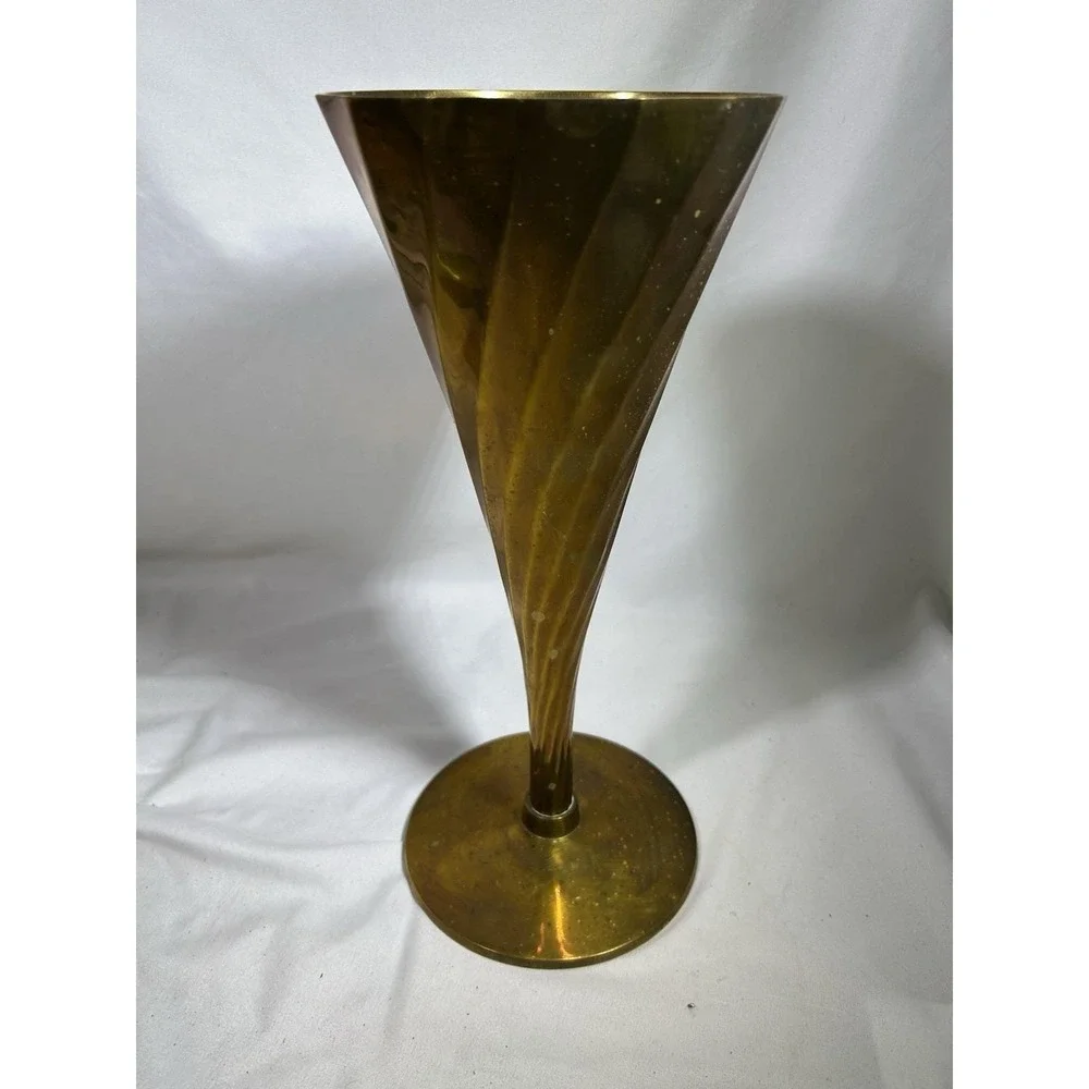 Vintage Large Twisted Vase Spiral Brass Ribbed Wine Goblet Cup 11.5